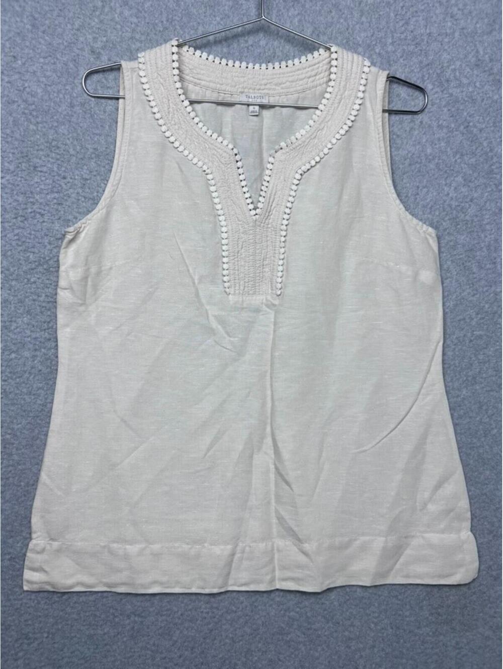 Talbots Linen Cotton VNeck Top Ivory Pom Pom Stitch Tank Blouse Summer Coastal S